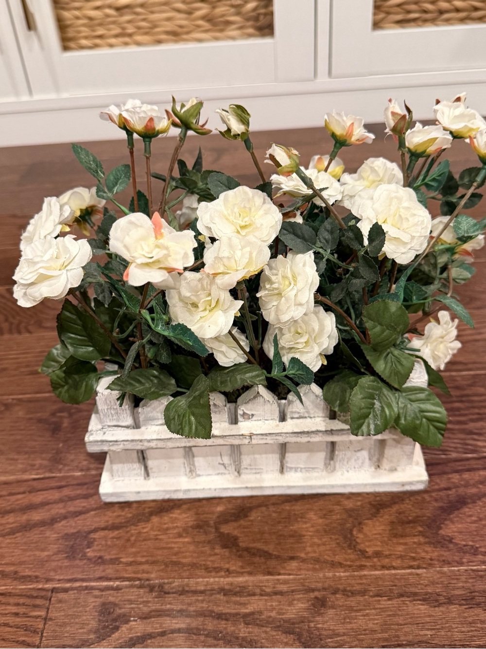 Cream White Faux Rose Centerpiece in Distressed picket fence Wooden Planter